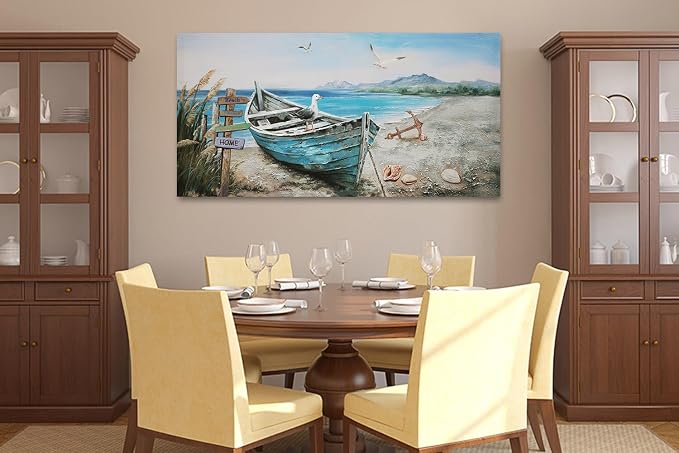 Anolyfi Nautical Wall Art Decor Coastal Artwork for Living Room 58"x29" | HD Print and Hand-painted Textured, Easy to Hang, Durable Colorfast, Blue Boat Beach Paintings for Hallway Home Decor