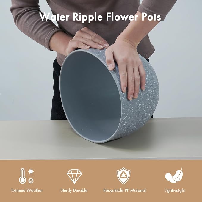 WSMKSZ 12 Inch Wide Water Ripples Flower Pots for Indoor or Outdoor Plants, Large Plant Pots with Drainage Holes & Saucer, Plastic Planters Set for Garden & Home Decor (Grey with White Speckles)