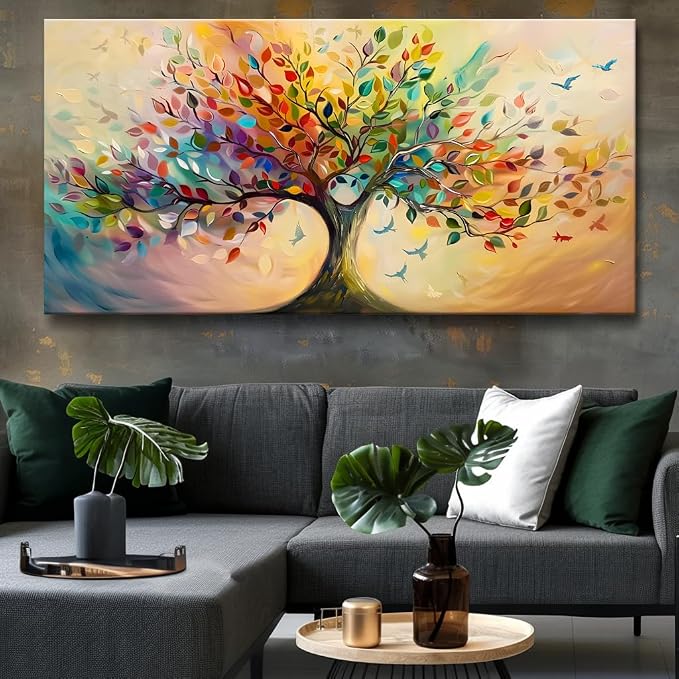 Vibrant Tree of Life Wall Art Colorful Framed Canvas Print for Living Room, Bedroom, Dining Room, or Home Office Modern Ready to Hang Decor,Nature Inspired Home Decoration - 24"x48"