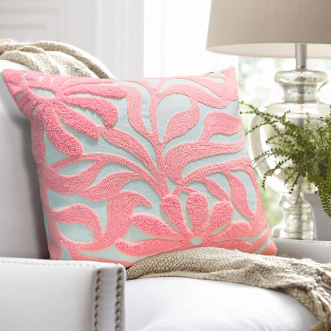 Alysheer Floral Embroidered Throw Pillow Cover 18"x18" 1pc, Light Pink