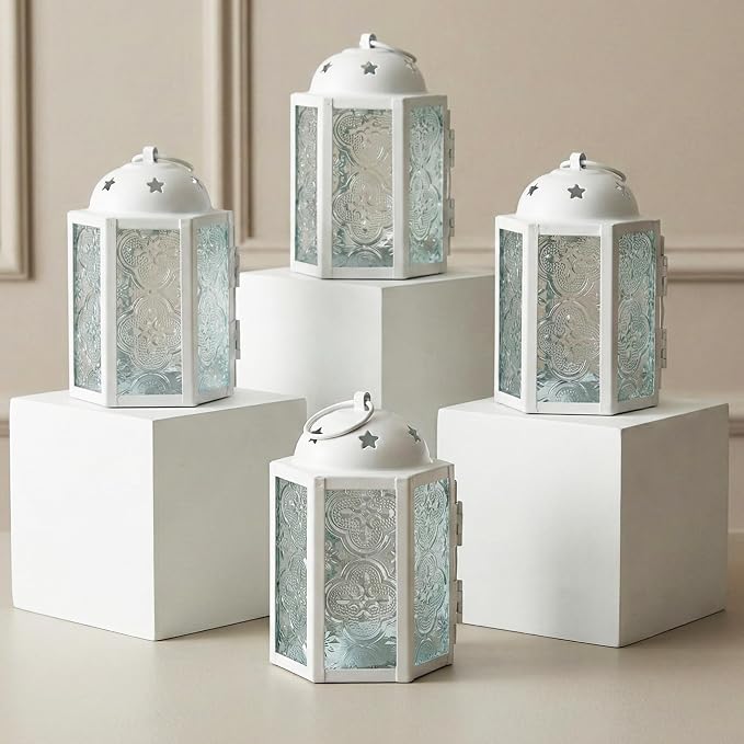 VELA LANTERNS Mini Moroccan Tea Light Candle Holder Lanterns – 4.25" Small Decorative Lantern for Table or Hanging, Metal with Glass Panels – Ramadan, Wedding, Home Decor, Matte White (Set of 4)