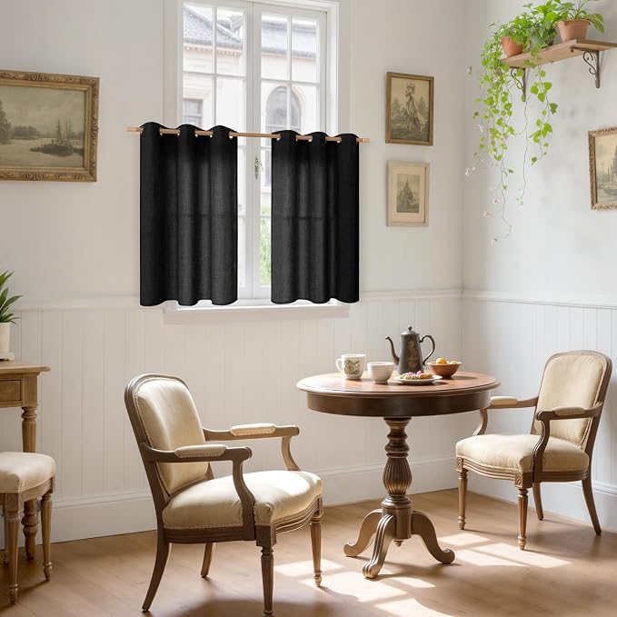 YoungsTex Black Linen Curtains 40 Inch Length for Kitchen Window 2 Panels | Short Semi Sheer Drapes with Bronze Grommet Textured Privacy for Bedroom Bathroom, 42 x 40 Inch