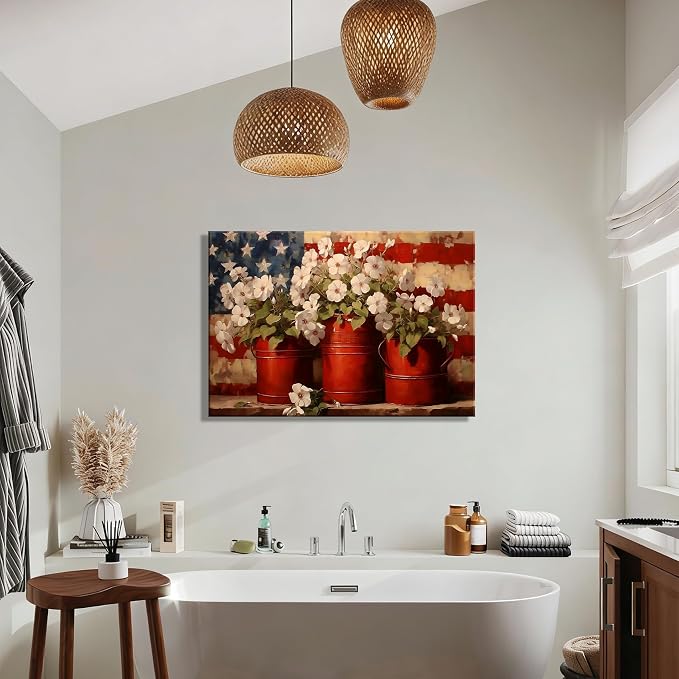 Rustic 4th of July Patriotic Flower Pots Canvas Wall Art – Large Framed US Flag Poster Painting, Independence Day Wall Decor for Living Room Bedroom or Holiday Celebrations