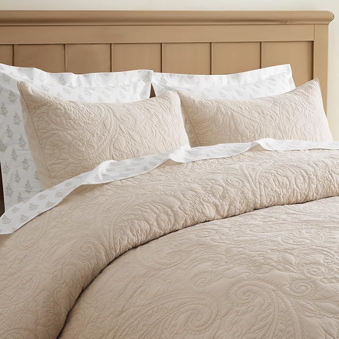 EVERGRACEHOME 100% Cotton Paisley Quilt Set, Oversized King, Flax Beige | Prewashed for Softness, Year-Round Breathability, Gift-Ready Box, Matelasse-style Quilted Coverlet, 3 Piece Set with 2 Shams