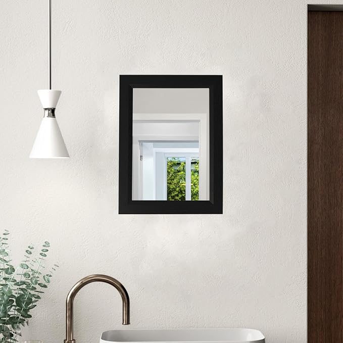 Small Rustic Black Bathroom Mirror, 11.8x15.8 Inch Wooden Frame | Rectangle Wall Mirror, Hanging Horizontally or Vertically, Suitable for Living Room Bathroom Bedroom Entryway