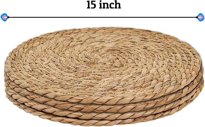 15 inch Round Woven Placemats Set of 4, Boho Rattan Natural Hand-Woven Water Hyacinth Placemats, Chargers for Dinner Plates, Farmhouse Weave Place Mats, Rustic Wicker Table Mats Decor for Home,Wedding