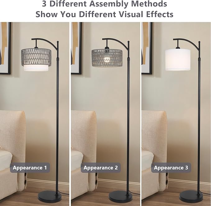 eyassi Floor Lamps for Living Room, Arc Standing Lamp with Remote & Dimmable Bulb, Boho Rattan Floor Lamp for Bedroom with 3 Color Temperatures, Farmhouse Tall Lamp, Height Adjustable Stand up Lamp