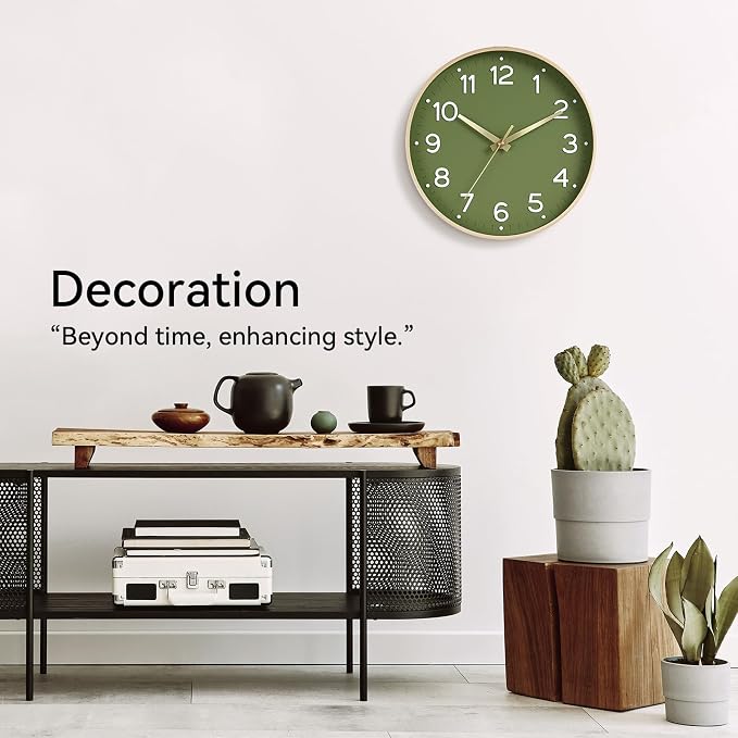 Roymnie 8 Inch Wall Clock, Battery Operated Silent Non Ticking Green Analog | Green & gold modern analog; large 3D easy-read dial for kitchen, office, bathroom & bedroom; 1 AA battery (not included)
