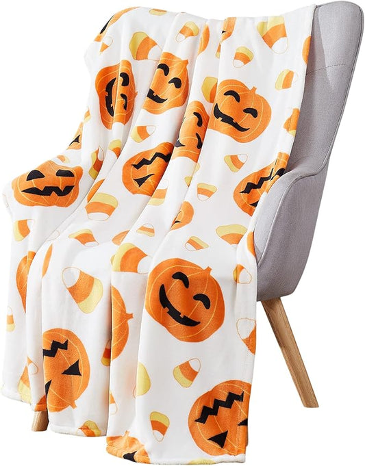 Halloween Fleece Throw Blanket, Jack-O'-Lanterns with Candy Corn, 50x70 in | Ultra-soft cozy flannel fleece, for sofa couch bed chair & dorms, spooky Halloween décor, durable and machine washable.