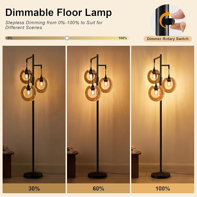 OYEARS 70" Boho Floor Lamps for Living Room, Stepless Dimmable Rattan Floor Lamp, Farmhouse Tall Lamps for Bedroom, Standing Tree Lamp for Office, Nursery, Rotary Switch, 3 LED Bulbs Included, Black