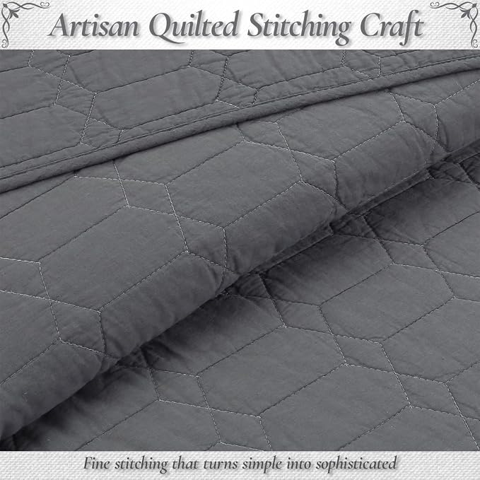 Cozy Line Home Fashions 100% Cotton Quilt Set – 3-Piece Charcoal Gray Solid Classic Modern Geometric Quilted Bedspread with Shams, Lightweight All Season Modern Bedding (Hexagon Gray, King)