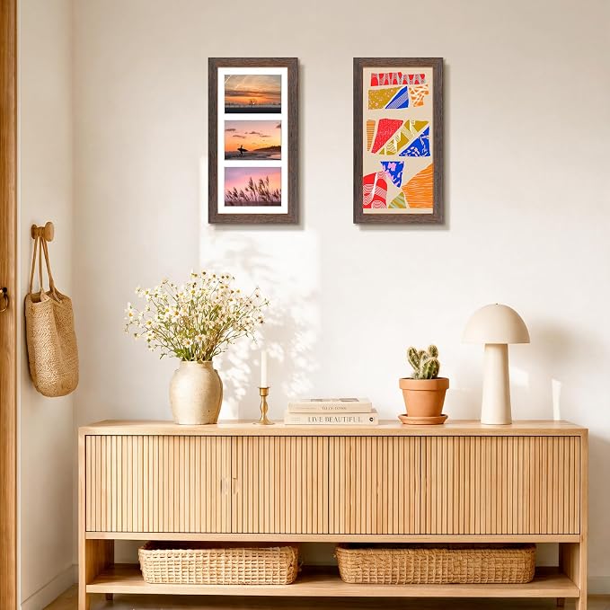 Golden State Art, Collage Frame 7x14 for 3 4x6 Photos Wood Distressed Brown