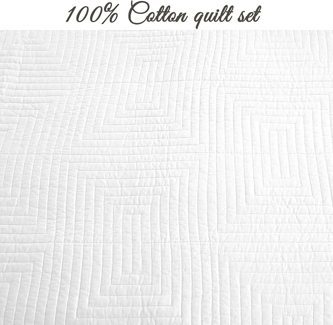Cozy Line Home Fashions 100% Cotton Square Check Stitch Solid White Quilt Bedding Set, Bedspread Coverlet Lightweight for All Seasons (Maze - White, King - 3 piece)