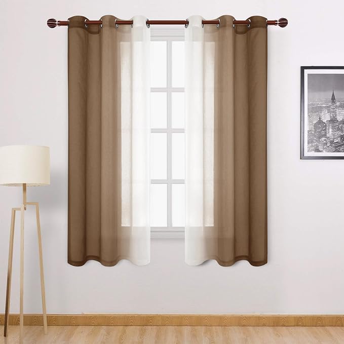 DWCN Ombre Short Sheer Curtains - 63 inches Faux Linen Semi Voile Gradient Light-Filtering Bedroom and Living Room Curtains, Set of 2 Grommet Top Window Drape Panels, 42 x 63 Inch Length, Warm Brown
