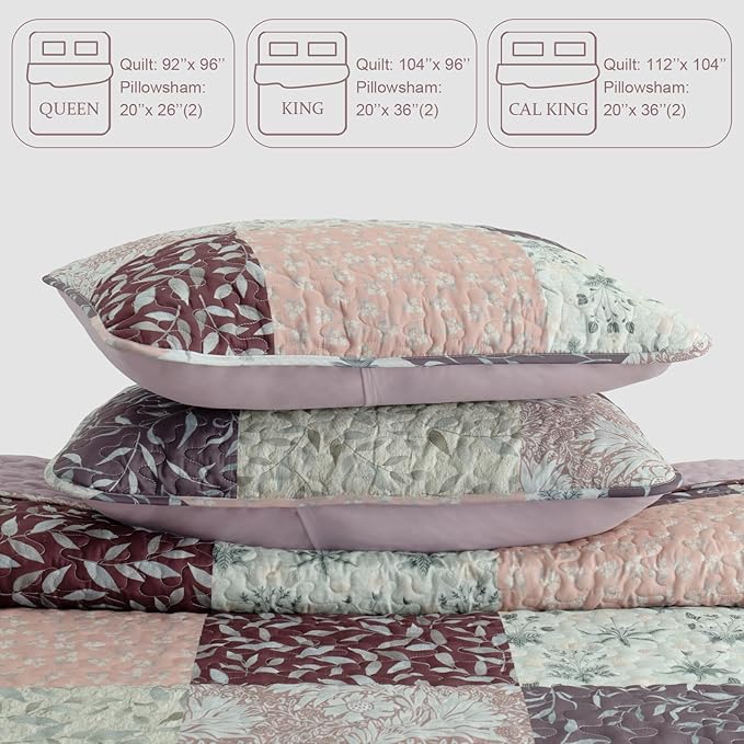 Exclusivo Mezcla Reversible Boho Quilts Queen Size Brown | Lightweight Soft Bedspreads, All Season Patchwork Coverlet Bedding Set, Printed Floral Pattern, 1 Quilt and 2 Pillow Shams