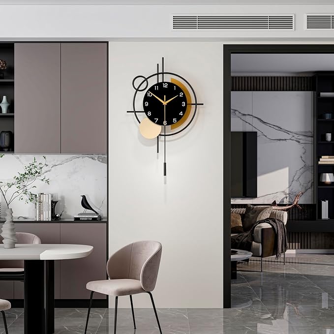 Wall Clock for Living Room Decor Modern Clock Pendulum Silent | Quartz Battery Operated Black Metal Decorative Large Clock for Dining Room,Kitchen,Home,Bathroom,Bedroom, Analog 13.8x21.3 in