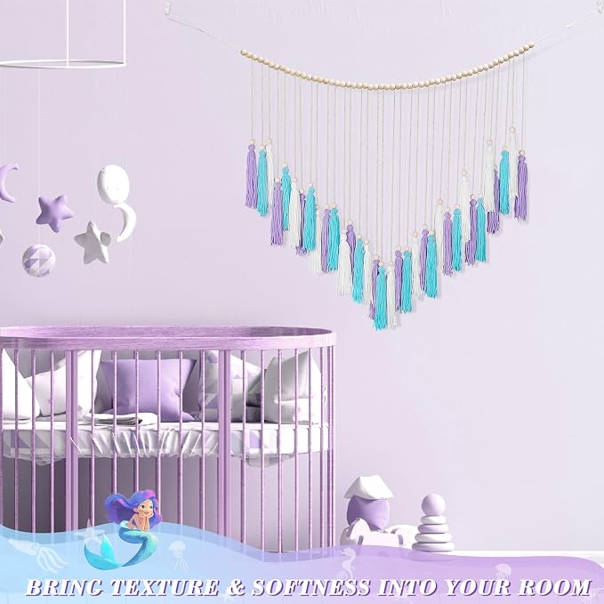 Purple & Blue Macrame Wall Hanging Boho Home Decor, Mermaid Theme Under the Sea Ocean Bedroom Décor Living Room Bohemian Dorm Wall Décor Purple Tassel Pink Wall Décor