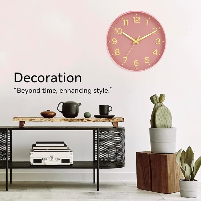 Roymnie 10 Inch Wall Clock Battery Operated Silent Non Ticking Analog | Pink Gold modern analog; large 3D easy-read dial for kitchen, office, bathroom & bedroom; 1 AA battery (not included)