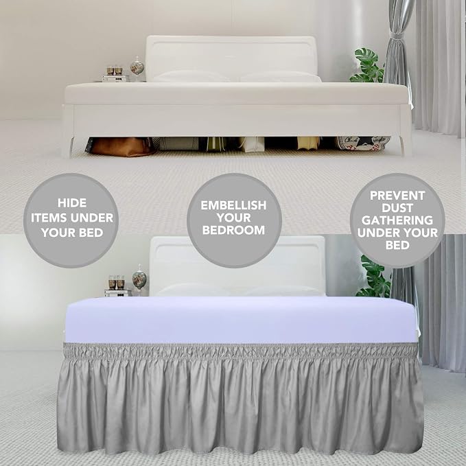 PureFit Wrap Around Ruffled Bed Skirt, Light Gray, Twin/Full - 14" Drop | Wrinkle Free Bedskirt Dust Ruffles, Easy to Put On Frame Cover with Adjustable Elastic Belt
