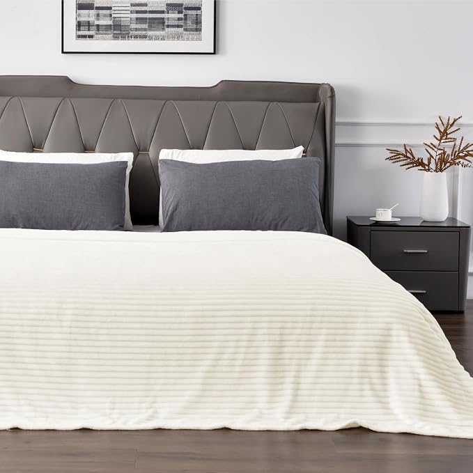 BEDELITE 3D Ribbed Jacquard Cream King Size Blankets for Bed, 108x90 Inch | Soft Warm Decorative Fluffy Blanket, Cozy Fuzzy Lightweight Plush Fleece Throw Blankets for Bed, Room Decor, Gift for Women