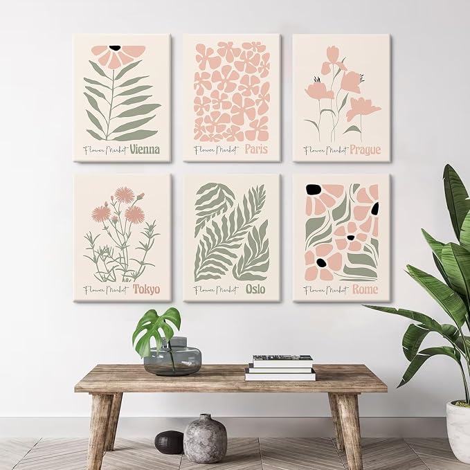 Baccone Boho Botanical Wall Art Prints Blush Pink Canvas Wall Decor Flower Market Wall Art Poster Abstract Aesthetic Pictures Pink Floral Artwork for Room Bedroom Set of 6 12x16 Inch Wrapped Canvas