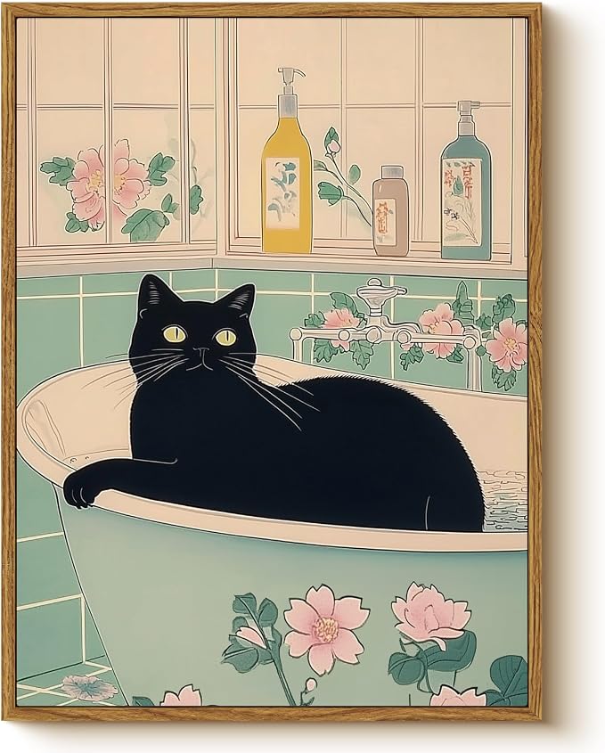 WHASAYART Vintage 12x16 Framed Black Cat in Bathtub Wall Art, Retro Pastel Floral Tile Bathroom Canvas Print, Aesthetic Home Bath Spa Decor