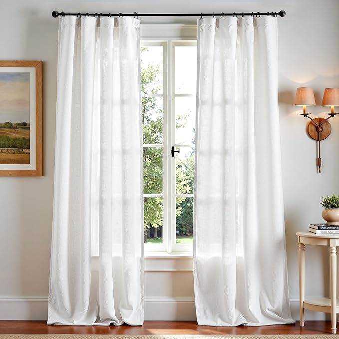 jinchan Linen Curtains Light Filtering Back Tab 50x102 Inch 2 Panels White | Semi Sheer Curtains 102 inch length for Bedroom Living Room, Modern Farmhouse Drapes with Rod Pocket, Natural Boho Curtains