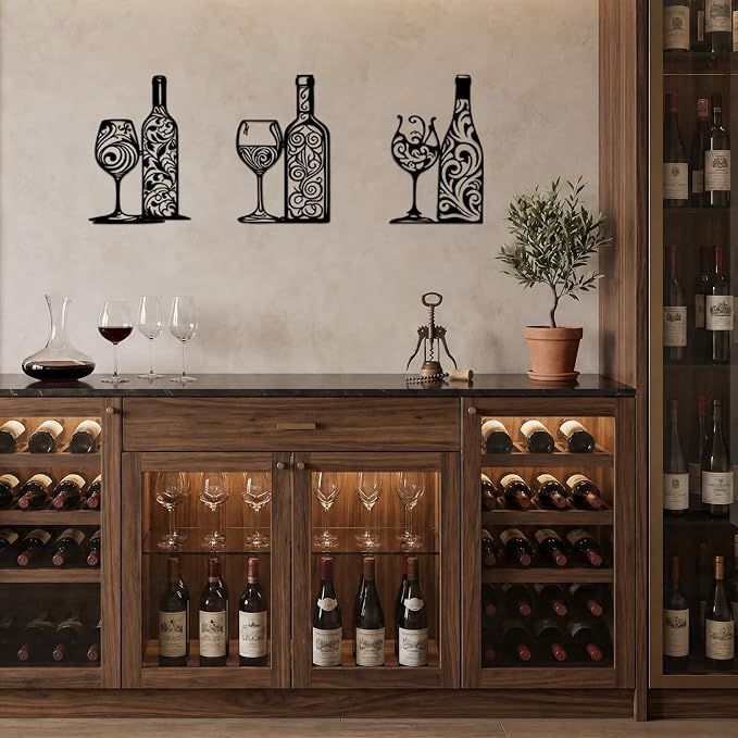 Otoolling 3 Pcs Wine Wall Art Black Metal Wine Sign 3 Style Modern Metal Bar Decor for Wall Drinker Gift for Dining Room and Entertaining Spaces(Filigree)