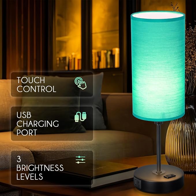 Table Lamp with USB Port - Teal Desk Lamp, Green Touch Lamp, Bedside Lamps, 3 Way Dimmable Small Lamps for Bedroom, Nightstand, Nursery, Dorm, Home, Office, Black Base+ Green Lampshade