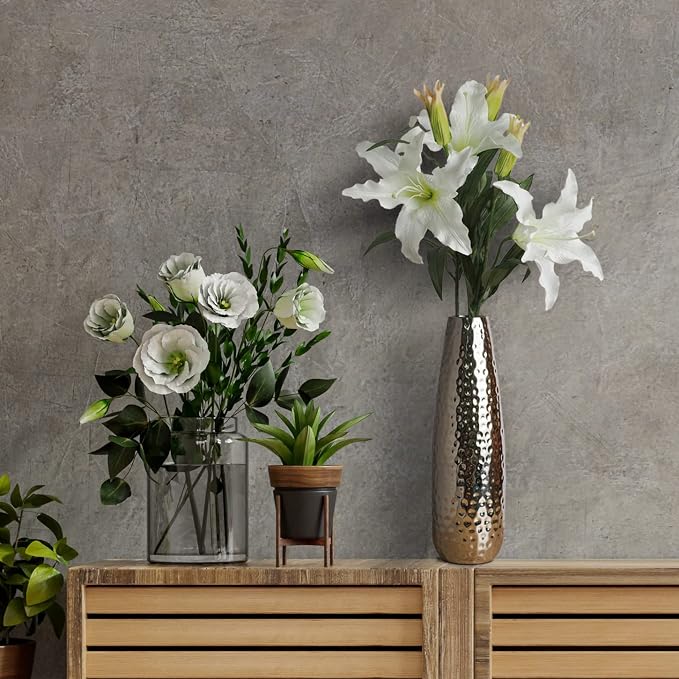 Hosley Hammered Metal Vase, 16.5” Tall Silver Teardrop Flower Vase for Centerpieces, Table Décor, Home & Wedding