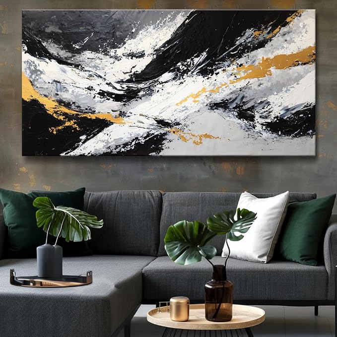 Large Abstract Black and Gold Ink Splatter Wall Art Stylish Framed Canvas Print for Living Room, Bedroom, Dining Room, and Home Office Modern Ready to Hang Home Decor - 20"x40"