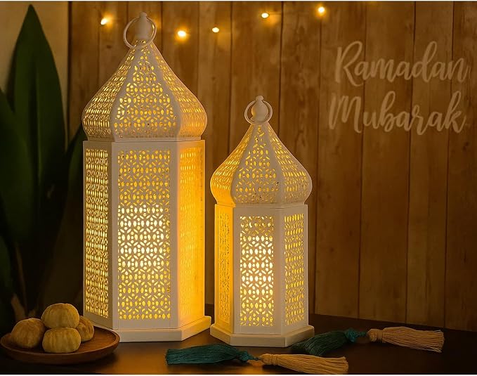 VELA LANTERNS Large Temple Tower Moroccan Lantern Lamp Decorative Candle Holders for Ramadan Decorations, Hanging, Outdoor Patio or Porch, Indoor Home Decor, Weddings, White, Set of 2