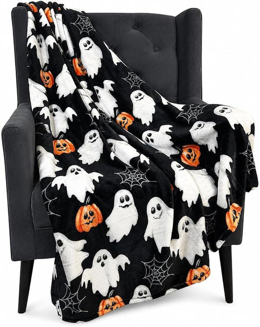 Halloween Cute Fleece Throw Blanket, Jack-O-Lanterns, Ghosts & Webs, 50x70 | Ultra-soft cozy flannel fleece, for sofa couch bed chair & dorms, spooky Halloween décor, durable and machine washable.