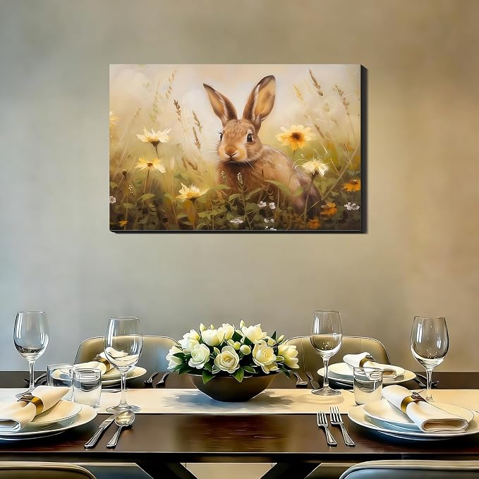 Field Floral Easter Bunny Framed Canvas Wall Art, Easter Themed Landscape Painting Print for Enterway, Fireplace,Rabbit Canvas Art & Holiday Office Home Decor, Ready to Hang