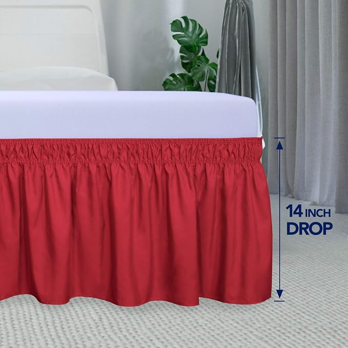 PureFit Wrap Around Ruffled Bed Skirt, Red, Queen/King - 14" Drop | Wrinkle Free Bedskirt Dust Ruffles, Easy to Put On Frame Cover with Adjustable Elastic Belt