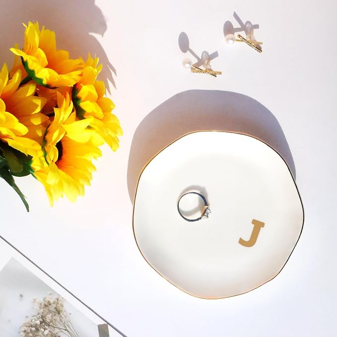 Ceramic Jewelry Tray Initial Ring Dish Personalized J-Monogrammed Engagement Wedding Gifts,Decorative Jewelry Holder for Birthday Mother's Day Christmas for Women, Ceramic White 4.5" (J)