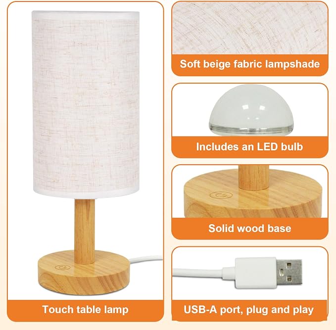 Small Touch Table Lamp with Stepless Dimming&USB Plug,Natural Round Wood Base&Linen Fabric Shade |Soft Ambient Warm Night Light|Minimalist Boho Bedside Lamp for Bedroom,Nightstand,Nursery,Kitchen,Dorm