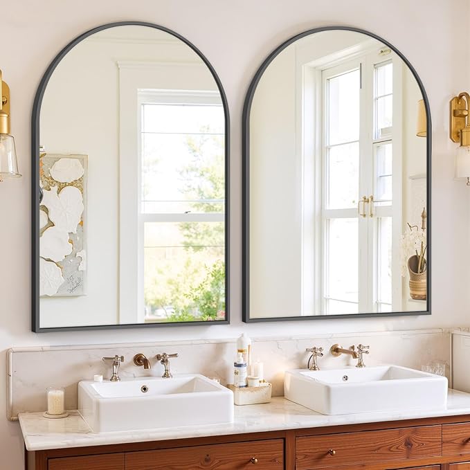 Bathroom Mirror for Wall, 38x26 Inch Arched Mirror, Matte Black Metal Framed Bathroom Vanity Mirrors for Restroom Farmhouse, Anti-Rust, Tempered Glass, Hanging or Leaning