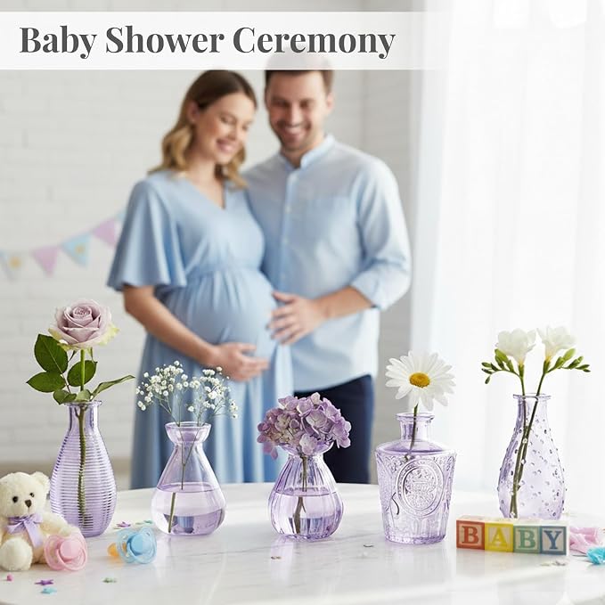 BEAHOT 24 Pack Purple Flower Vase in Bulk,Mini Vintage Glass Bud Vases for Centerpieces,Wedding Decor,Party & Home Decaration,Mother's Day (Purple)