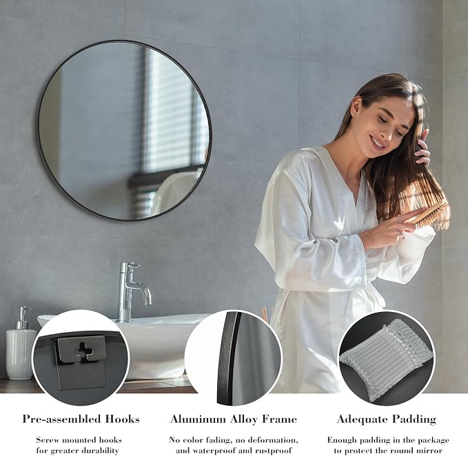 24-Inch Round Wall Mirror Shatterproof Circle Mirror with Aluminum Frame Large Decorative Mirror for Bathroom Vanity Entryway Living Room Decor Over Sink Entryway Living Room Nursery Black