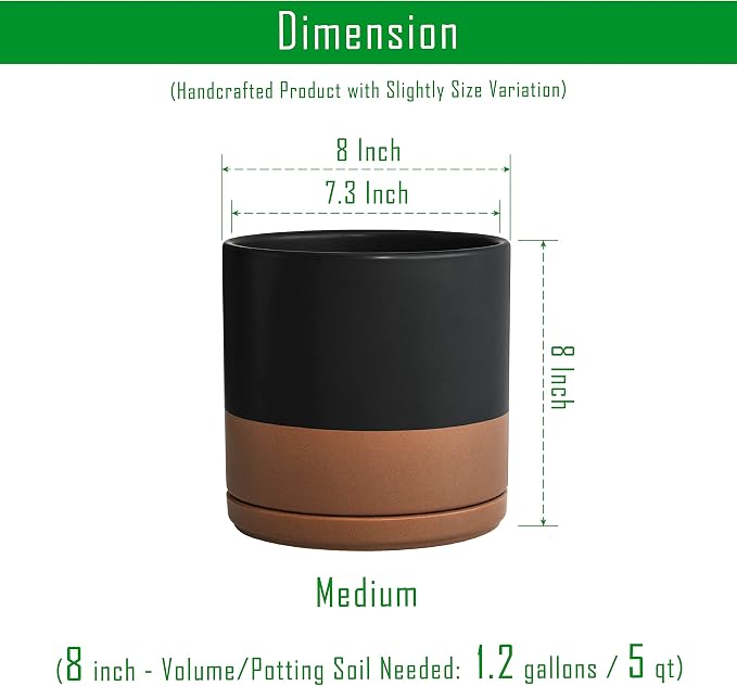 D'vine Dev 8 Inch Ceramic Planter Pot, Black/Tan, 94-O-D-7 | Modern Cylinder Design, Drainage Hole & Saucer Included, Stable Structure, Elegant Home Accent