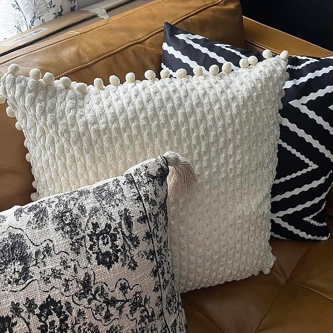 Fancy Homi Set of 2 Cream Decorative Throw Pillow Covers 24x24 Inch with Pom-poms for Couch Bed Sofa, Modern Farmhouse Boho Home Decor, Soft Plush Corduroy Cute Cushion Case 60x60cm