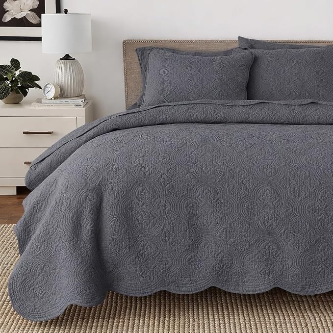 Cozy Line Home Fashions 100% Cotton Quilt Set, Grey, King, 3-Piece | Solid Textured Quilted Bedspread with Shams, Lightweight, All Season, Modern Bedding