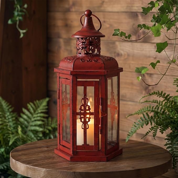 JHY DESIGN Decorative Candle Lantern 10“H Vintage Hanging Lantern Metal Candleholder for Indoor Outdoor Events Parities and Weddings (Red with Black Brush)