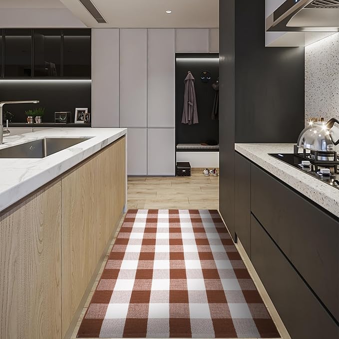Buffalo Plaid Area Rug 3x5 Ft, Brown White Indoor Outdoor Rug | Cotton Blend, Brown White Checkered, Machine Washable, Front Porch Entryway, Kitchen Bathroom