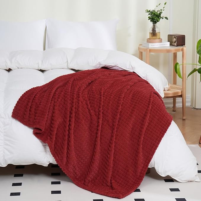 Puncuntex Fleece Throw Blanket Red 90"×90" with Square Grid Design | Super Soft Plush Cozy Flannel Throw Blanket Luxury for Couch Sofa Chair