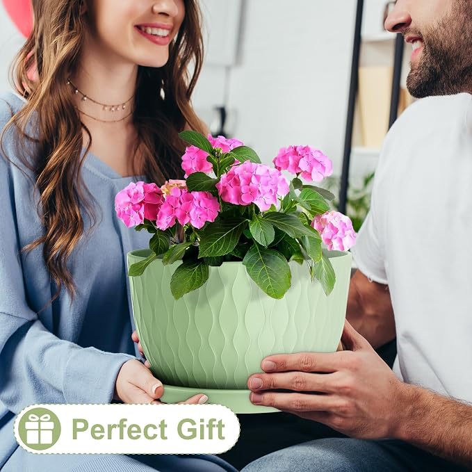 WSMKSZ 12 Inch Large Plant Pots for Indoor or Outdoor Plants, Wide Water Ripples Flower Pots with Drainage Holes & Saucer, Plastic Planters Set for Garden & Home Decor (Green)