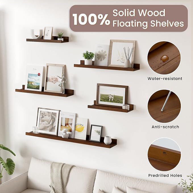 Acovy Long Floating Shelves for Wall, 72 inch Solid Wood Picture Ledge Shelf, Picture Shelf for Wall with Ledge, Floating Book Shelves for Living Room Bedroom Kitchen Nursery Decor, Walnut, Set of 2
