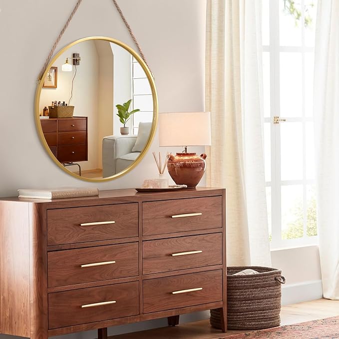 Hanging Round Mirror Modern Circle Metal Framed Hanging Wall Mirrors with Rope Artistic for Bathroom Bedroom Vanity Living Room Entryway Gold 20"