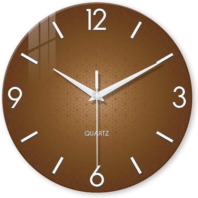 XFM Modern Glass Wall Clock for Living Room 14 Inch Brown | Silent Non-Ticking Battery Operated Simple Minimalist Decorative for Farmhouse Kitchen Home Office